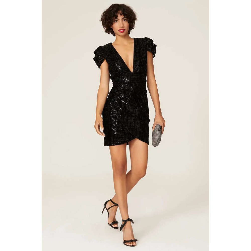 HANEY Alexa Black Sequin Mini Dress Womens Size 12 Plunge V-Neck Cocktail Party